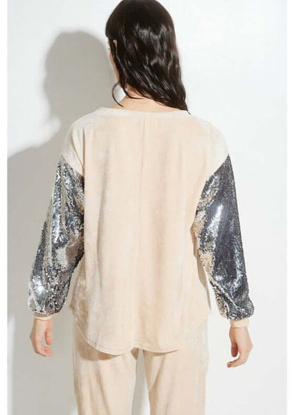 Champagne Glam Velvet Track Suit with Sequins Sleeves