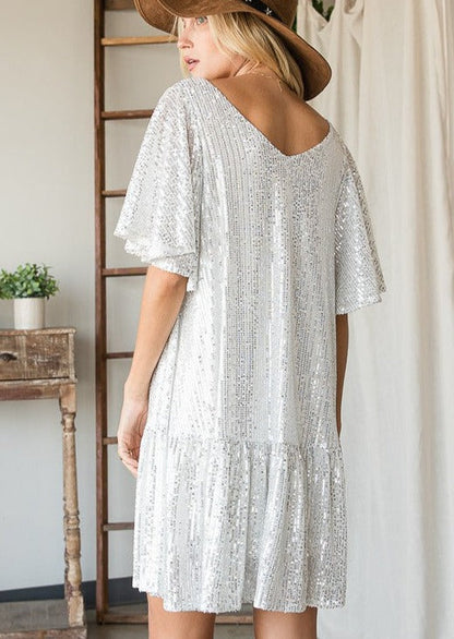 Sequins Flutter Sleeve Party Dress