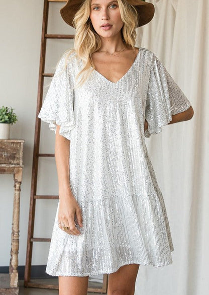 Sequins Flutter Sleeve Party Dress