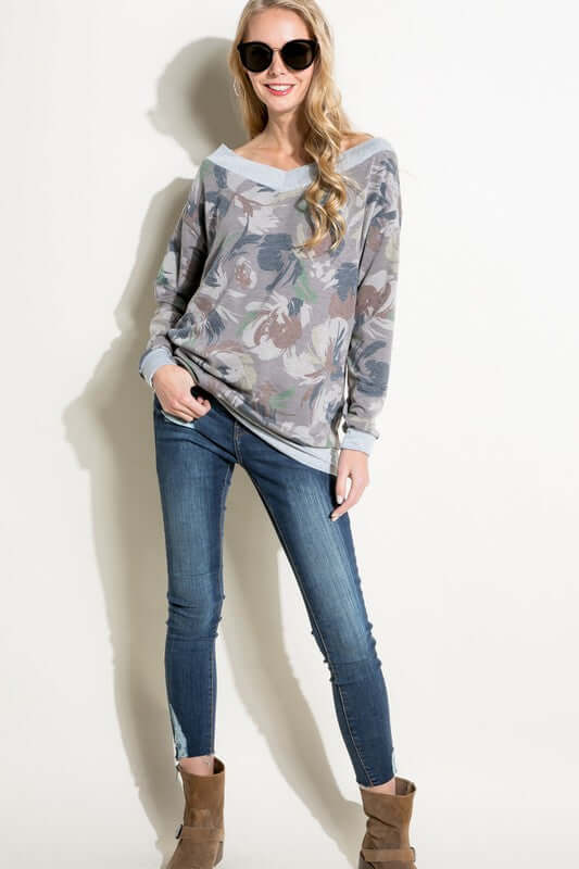 Plus Size Army Green Printed Wide V-Neck Casual Sweatshirt Made in USA -