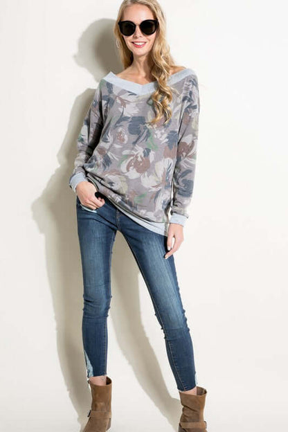 Plus Size Army Green Printed Wide V-Neck Casual Sweatshirt Made in USA -