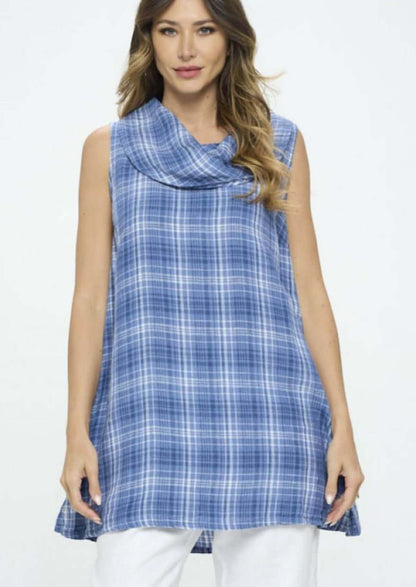 Linen Collection Plaid Cowl Neck Tunic