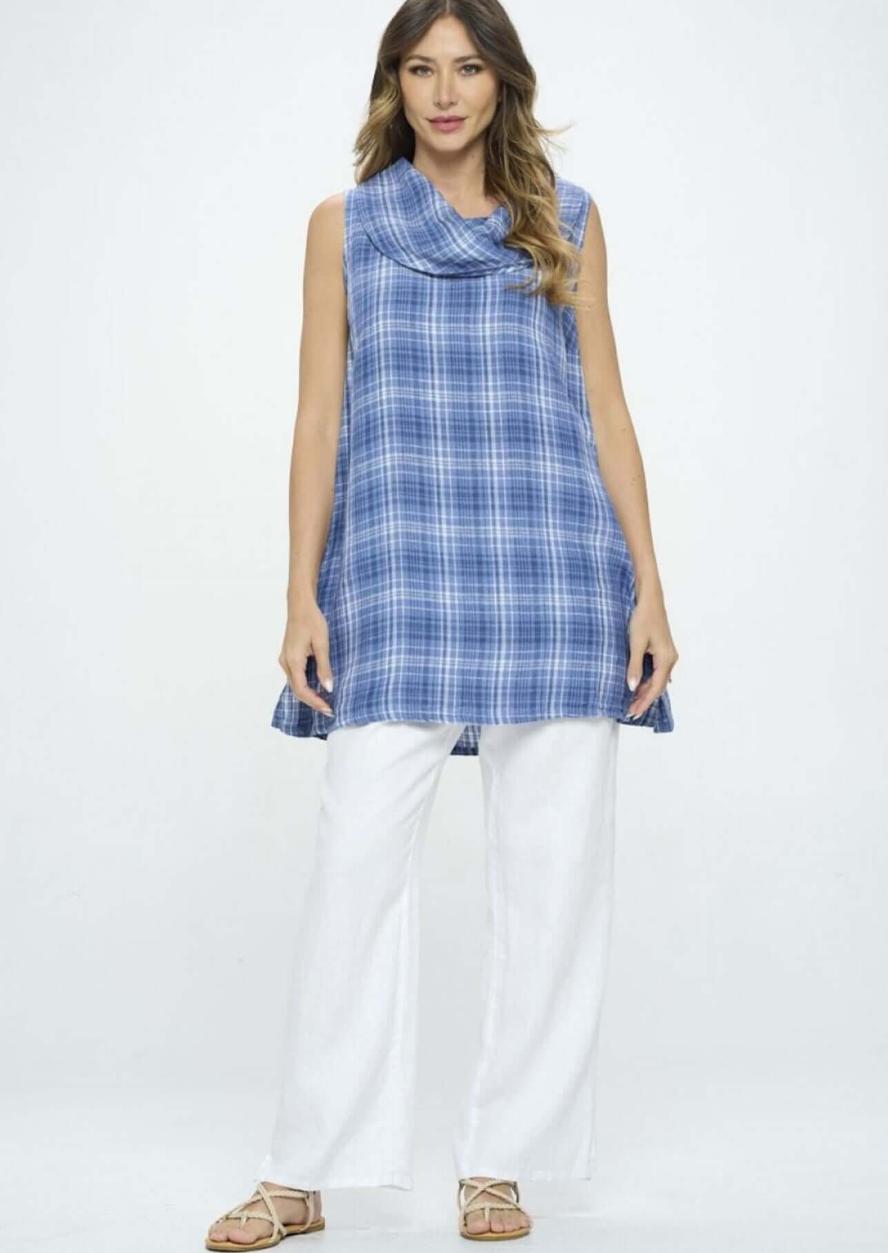 Linen Collection Plaid Cowl Neck Tunic