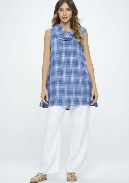 Linen Collection Plaid Cowl Neck Tunic