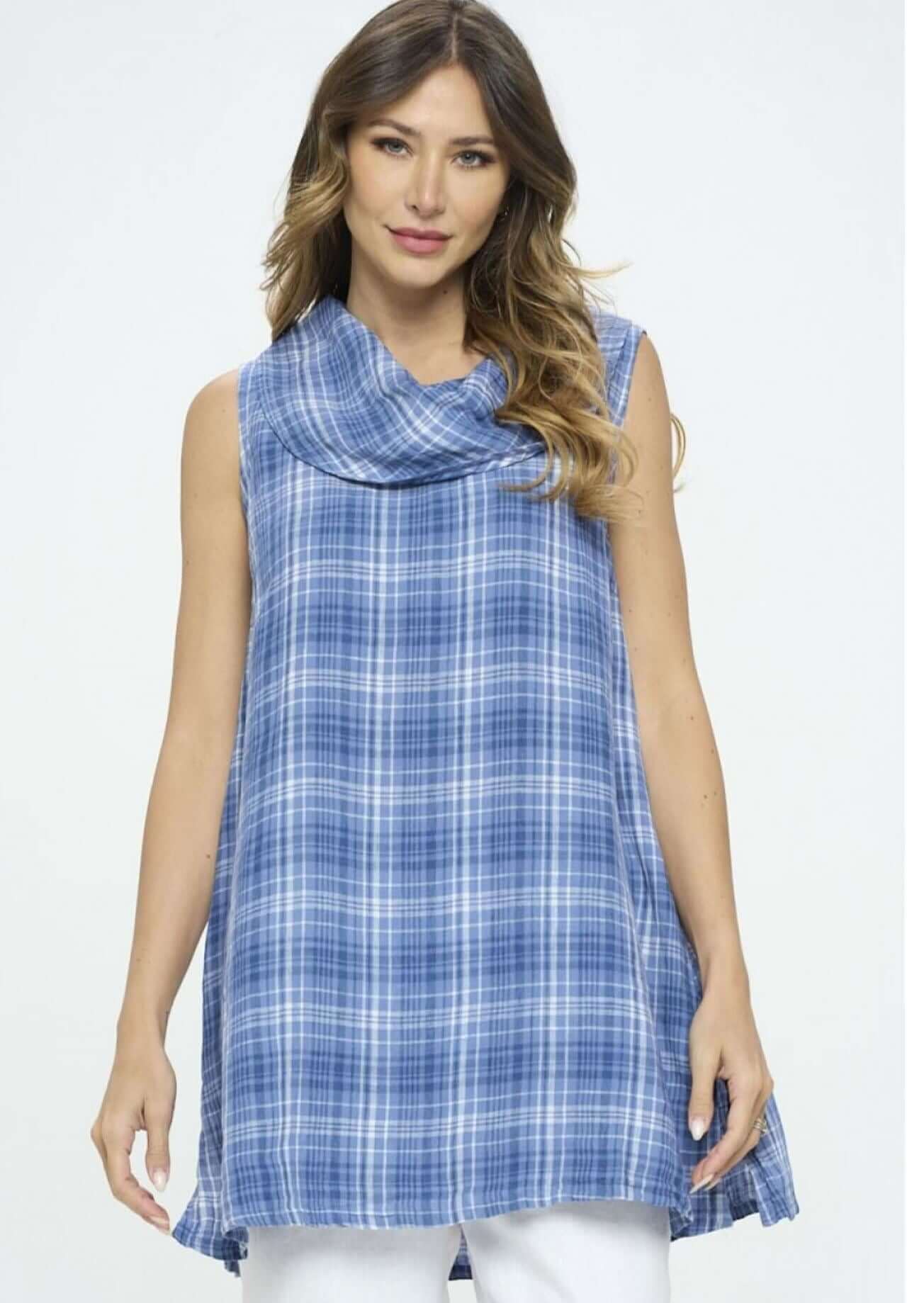 Linen Collection Plaid Cowl Neck Tunic
