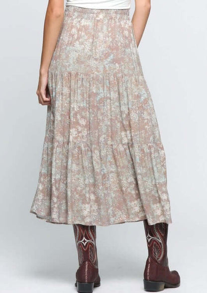 Tiered A-Line Sage & Mocha Maxi Skirt