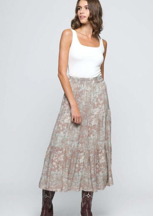 Tiered A-Line Sage & Mocha Maxi Skirt