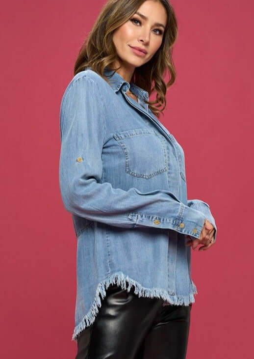Favorite Denim Washed Shirt with Fringe Hem