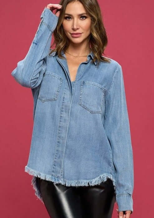 Favorite Denim Washed Shirt with Fringe Hem