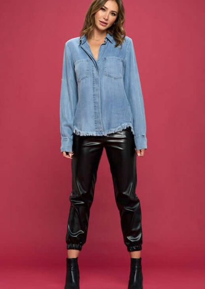 Favorite Denim Washed Shirt with Fringe Hem