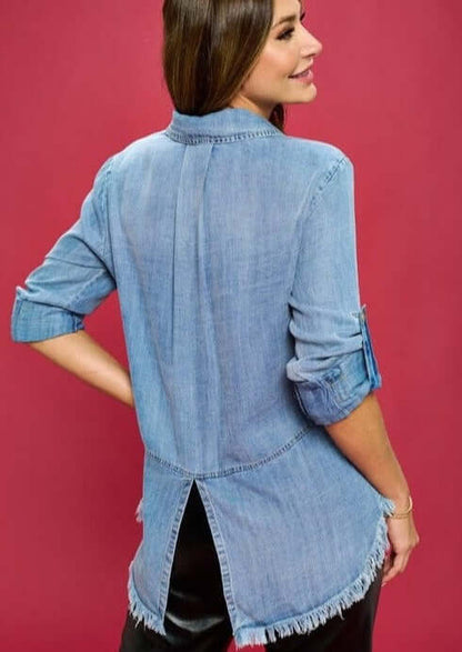 Favorite Denim Washed Shirt with Fringe Hem
