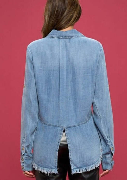 Favorite Denim Washed Shirt with Fringe Hem