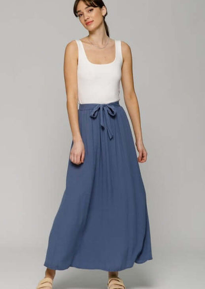 Steel Blue Tie Front Maxi Skirt Made in USA