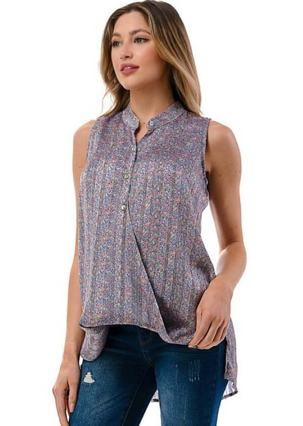 Sheer Back High Low Floral Surplice Top