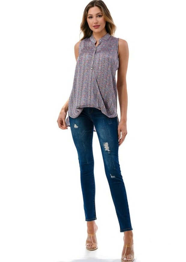 Sheer Back High Low Floral Surplice Top