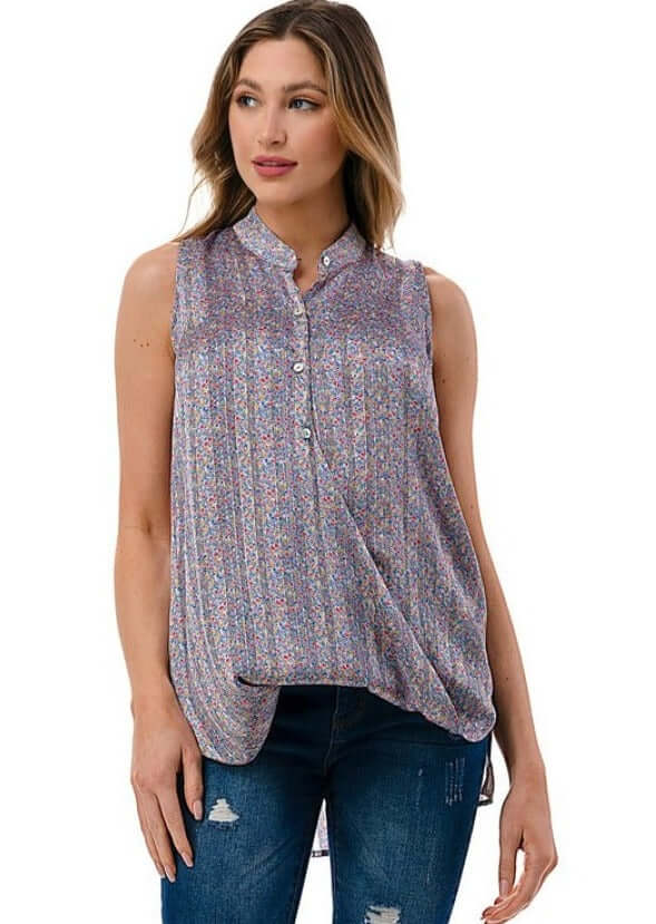 Sheer Back High Low Floral Surplice Top