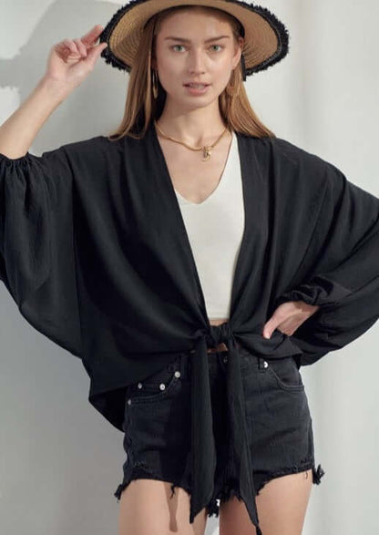 Black Satin Tie Front Kimono