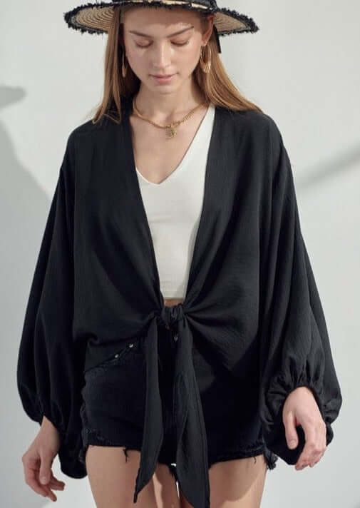 Black Satin Tie Front Kimono