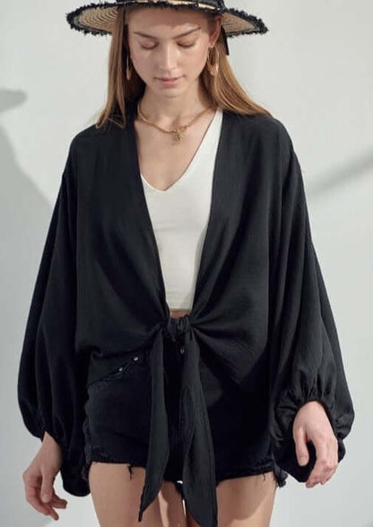 Black Satin Tie Front Kimono