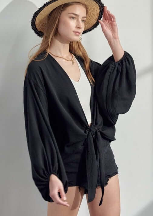 Black Satin Tie Front Kimono