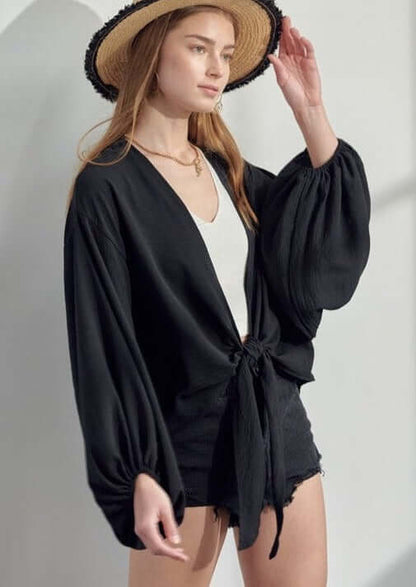 Black Satin Tie Front Kimono