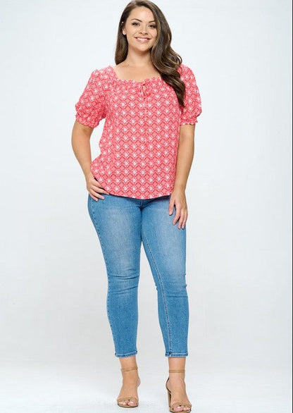 Red Floral Print Peasant Blouse in Plus Size Made in USA