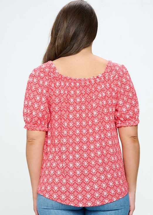 Red Floral Print Peasant Blouse in Plus Size Made in USA