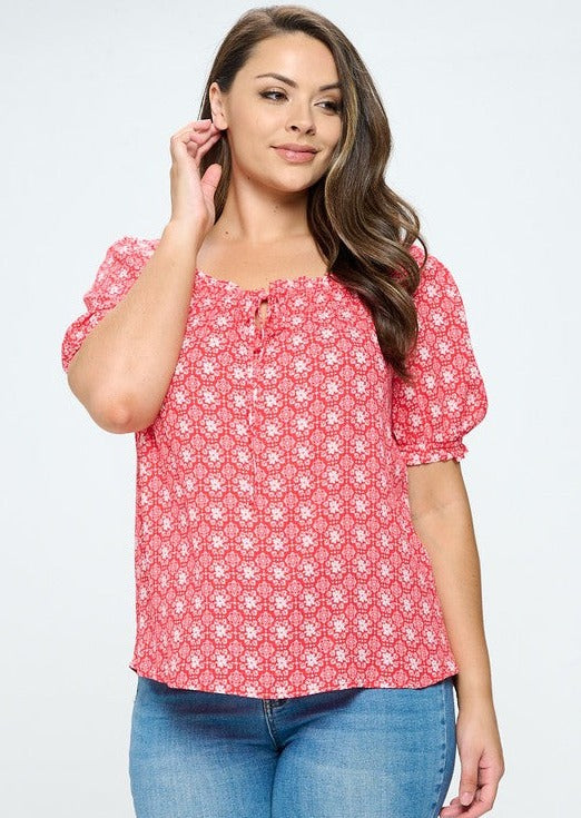 Red Floral Print Peasant Blouse in Plus Size Made in USA