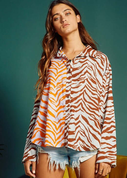 Animal Print Contrast Button Down Top
