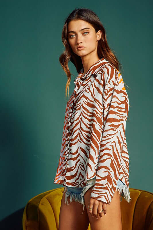 Animal Print Contrast Button Down Top