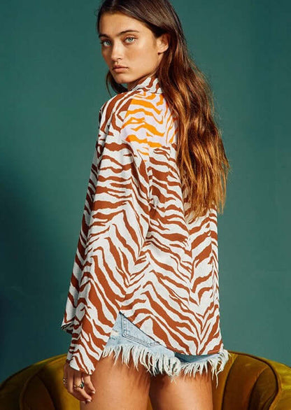 Animal Print Contrast Button Down Top