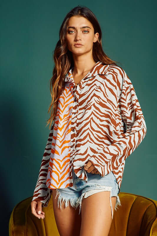 Animal Print Contrast Button Down Top