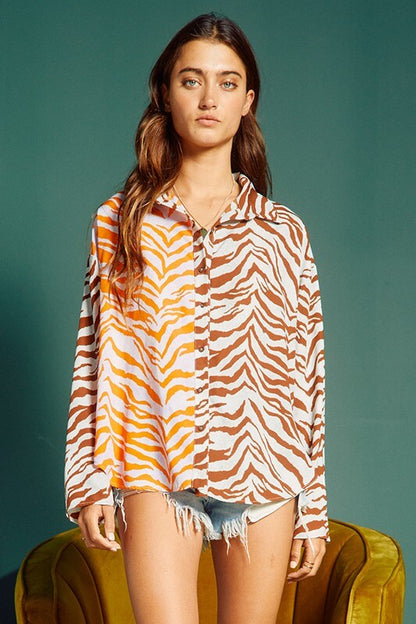 Animal Print Contrast Button Down Top