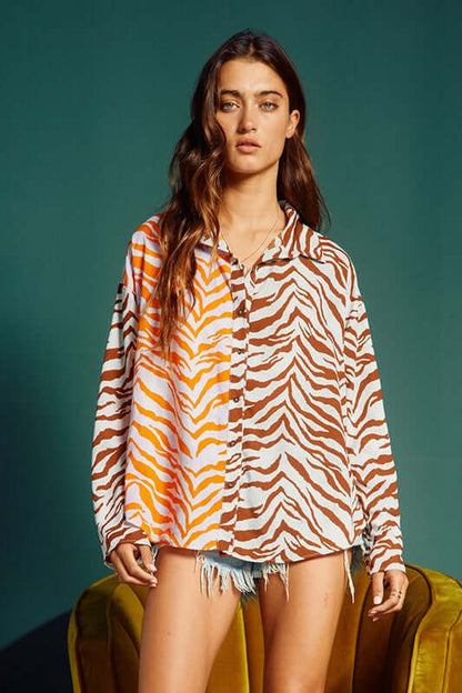 Animal Print Contrast Button Down Top