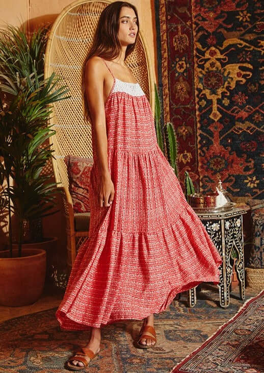 Lace Contrast Tiered Maxi Dress