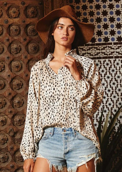 Dressy Animal Print Smocked Collar Top