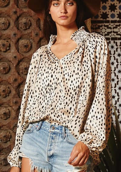 Dressy Animal Print Smocked Collar Top