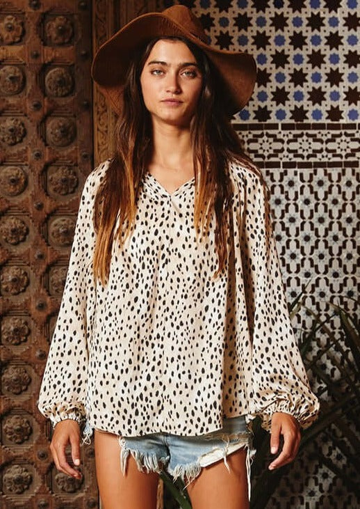 Dressy Animal Print Smocked Collar Top