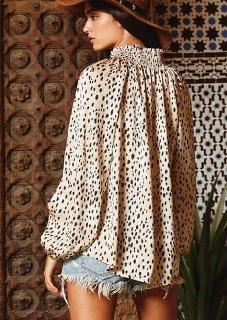 Dressy Animal Print Smocked Collar Top