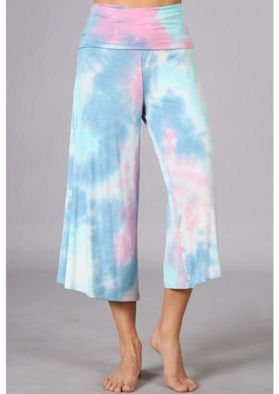 Summer Comfort Tie Dye Fold Over Waist Gaucho Pants Made in USA
