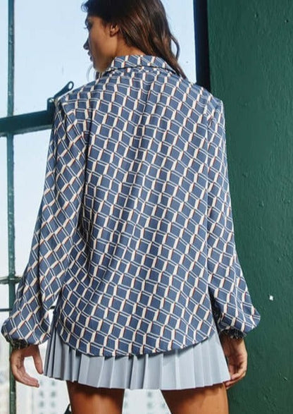 Business as Usual French Blue Retro Design Blouse