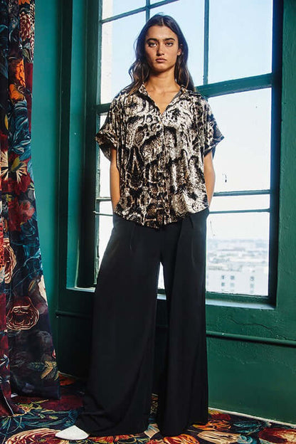 Leopard Velvet High Low Button Up Top Made in USA