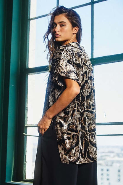 Leopard Velvet High Low Button Up Top Made in USA