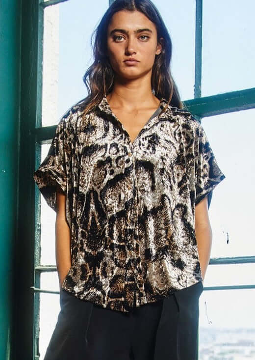 Leopard Velvet High Low Button Up Top Made in USA