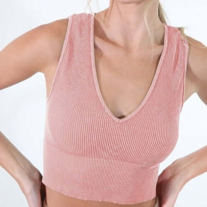 Sweet Peach Plunge Neck Ribbed Cropped Top Made in USA