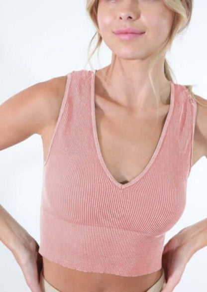 Sweet Peach Plunge Neck Ribbed Cropped Top Made in USA