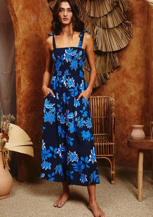 Tropical Blues Floral Print Jumpsuit