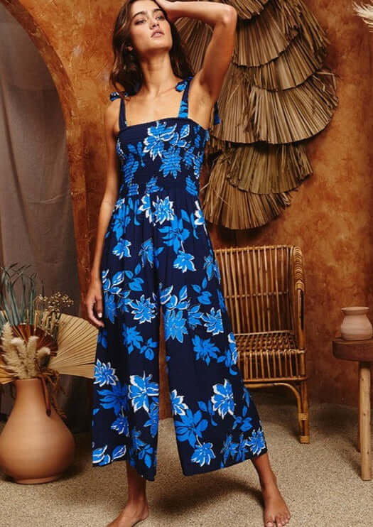 Tropical Blues Floral Print Jumpsuit