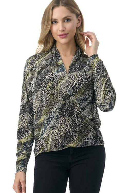 Olive Snake Print Fashion Surplice Top