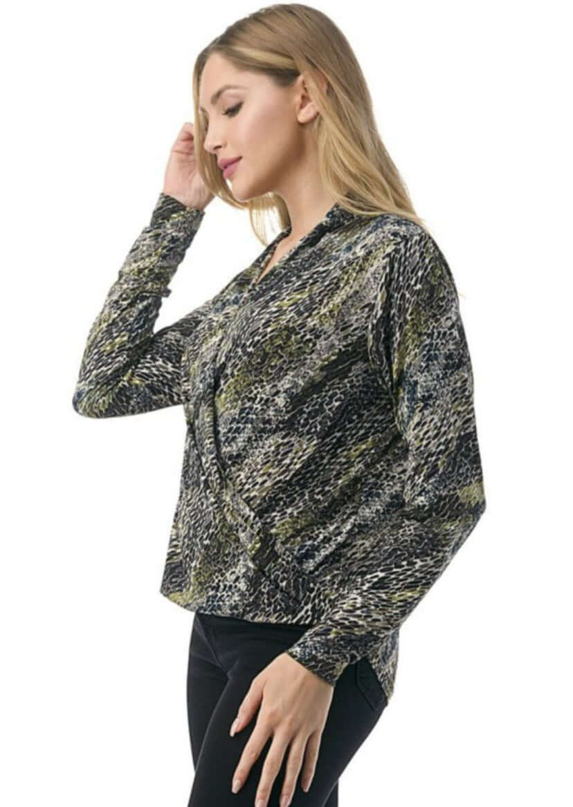 Olive Snake Print Fashion Surplice Top